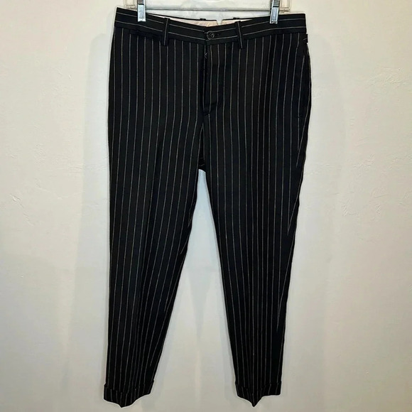 RALPH LAUREN RUGBY PINSTRIPE LINEN WOOL WOMENS TROUSER STRAIGHT LEG CUFFED HEM - Picture 2 of 10